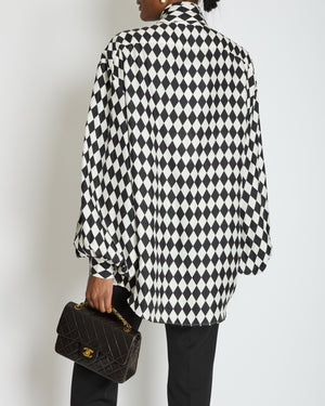 Balmain Black and White Lavalliere Diamond Print Silk Shirt with Puff Sleeves and Pussy Bow Detail Size FR 34 (UK 6) RRP £1490