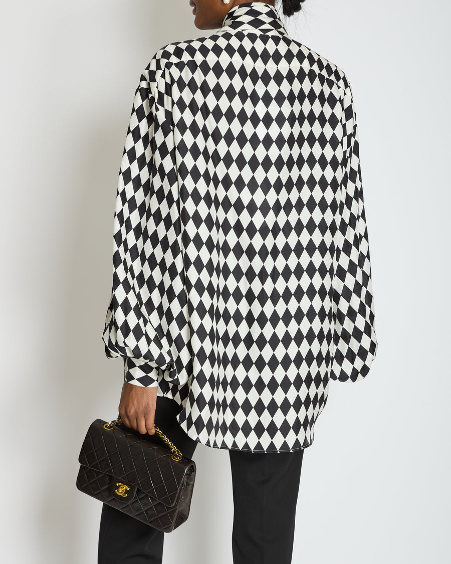 Balmain Black and White Lavalliere Diamond Print Silk Shirt with Puff Sleeves and Pussy Bow Detail Size FR 34 (UK 6) RRP £1490