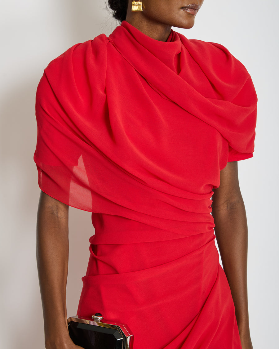 Jacquemus La Robe Castagna Red Chiffon Mini Dress with Draping and Padded Shoulder Detail FR 38 (UK 10)
