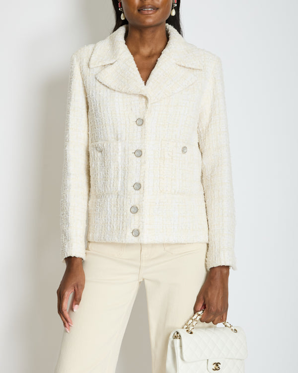 Chanel 22P Cream Tweed Jacket with Embellished Buttons Detail Size FR 38 (UK 10) RRP £5,910