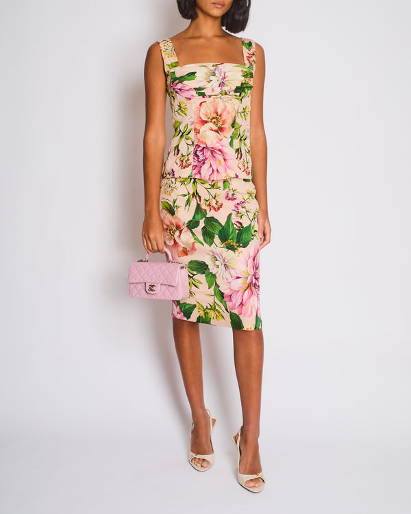 Dolce Gabbana Pink Silk Floral Print Top and Midi Skirt Set Size IT 40 (UK 8)