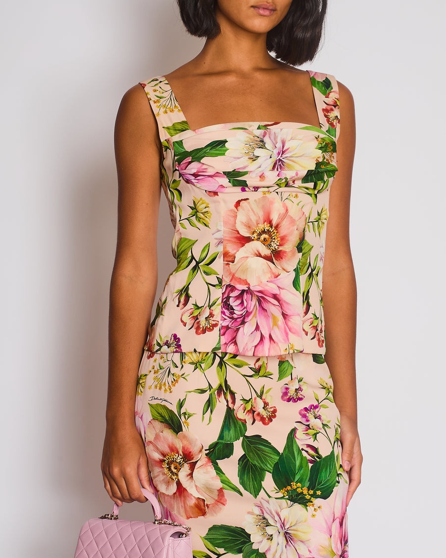 Dolce Gabbana Pink Silk Floral Print Top and Midi Skirt Set Size IT 40 (UK 8)