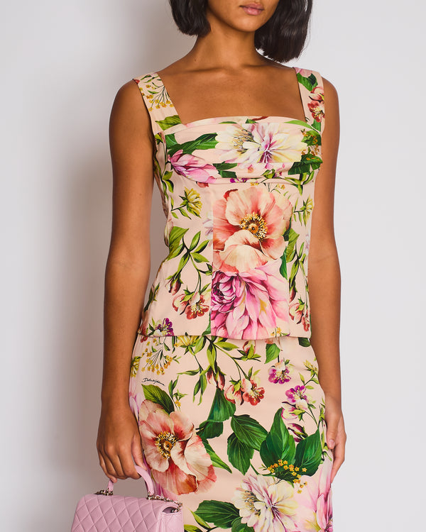 Dolce Gabbana Pink Silk Floral Print Top and Midi Skirt Set Size IT 40 (UK 8)