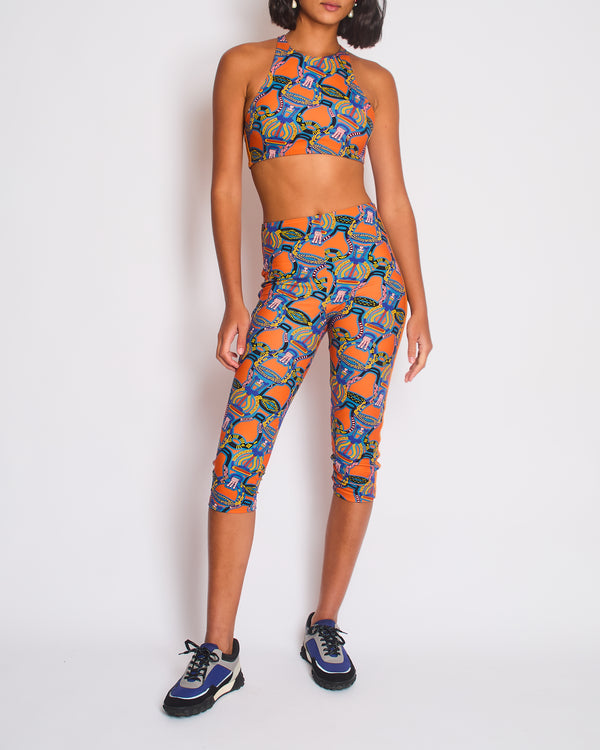 Hermes Orange & Multicolour Printed Cropped Top & Capri Trousers Bath/Gym Set Size FR 36 (UK 8)