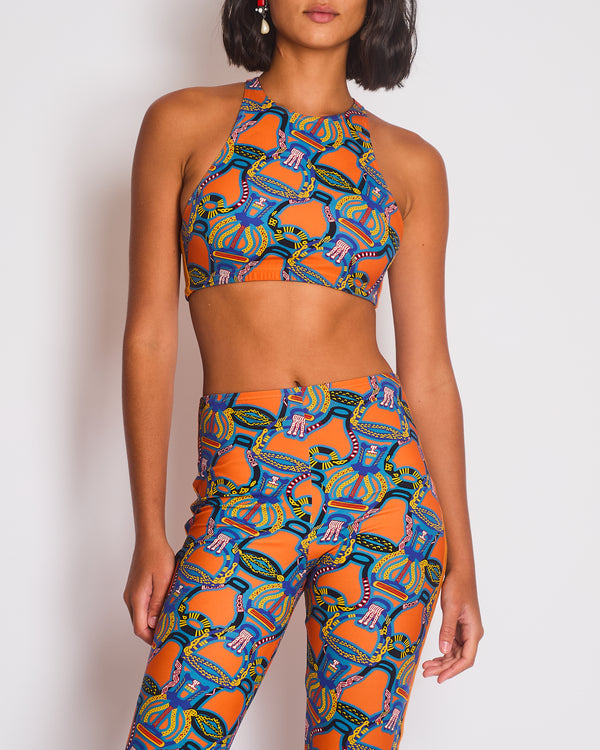 Hermes Orange & Multicolour Printed Cropped Top & Capri Trousers Bath/Gym Set Size FR 36 (UK 8)