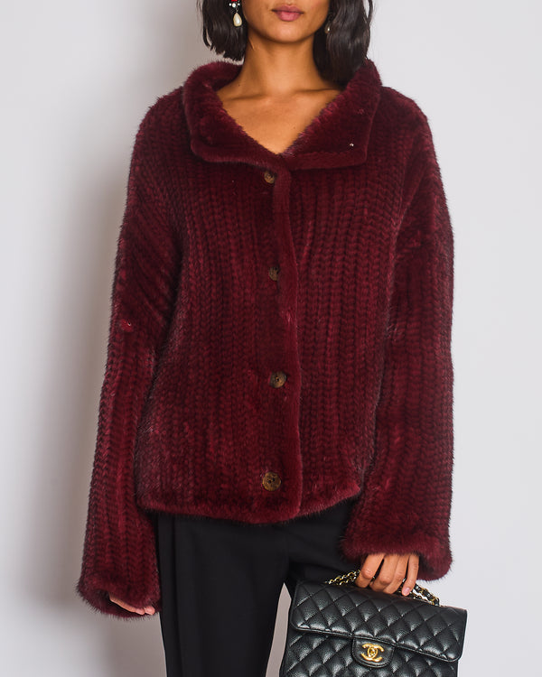 Christian Dior Burgundy Mink Long Sleeve Button Down Jumper with High Neck Size FR 38 (UK 10)