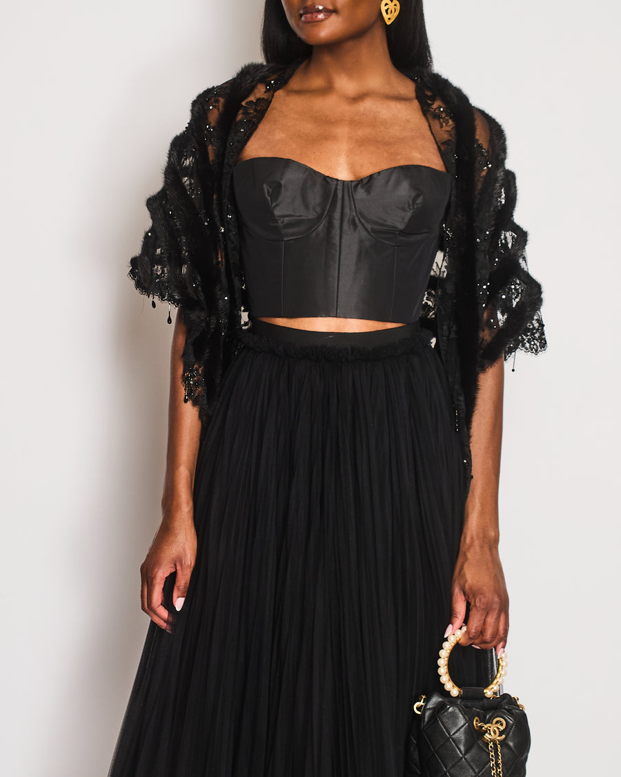 Valentino Black Lace and Mink Sleeveless Beaded Stripe Shawl Size One Size RRP £2,300