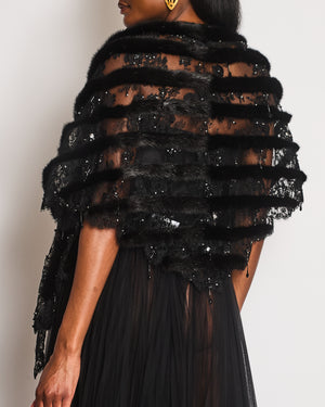 Valentino Black Lace and Mink Sleeveless Beaded Stripe Shawl Size One Size RRP £2,300