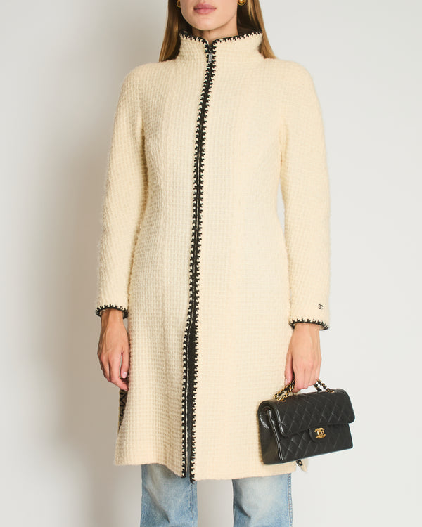 Chanel 00A Cream Long Line Tweed Coat with Black Contrast Trim and Vent Details Size FR 38 (UK 10)