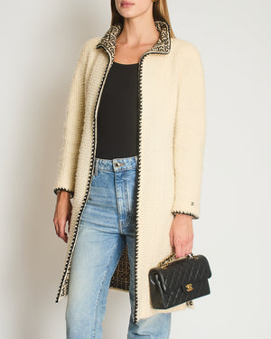 Chanel 00A Cream Long Line Tweed Coat with Black Contrast Trim and Vent Details Size FR 38 (UK 10)
