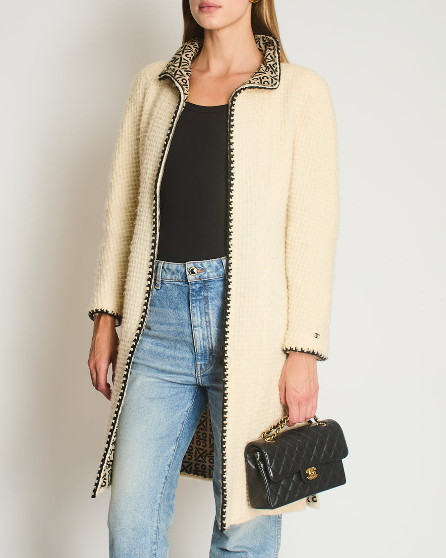 Chanel 00A Cream Long Line Tweed Coat with Black Contrast Trim and Vent Details Size FR 38 (UK 10)