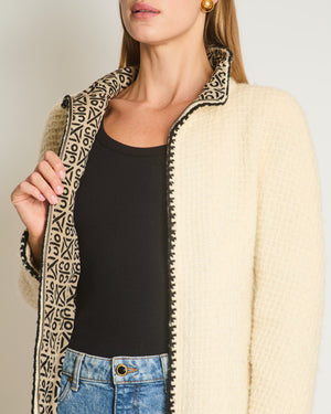 Chanel 00A Cream Long Line Tweed Coat with Black Contrast Trim and Vent Details Size FR 38 (UK 10)