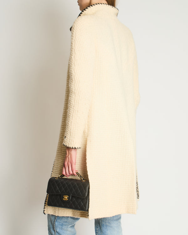 Chanel 00A Cream Long Line Tweed Coat with Black Contrast Trim and Vent Details Size FR 38 (UK 10)