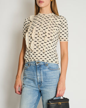 Prada Cream and Black Lip Print Short Sleeve Knitted Top with Ruffle Detail and Buttons at the Back Size IT 40 (UK 8)