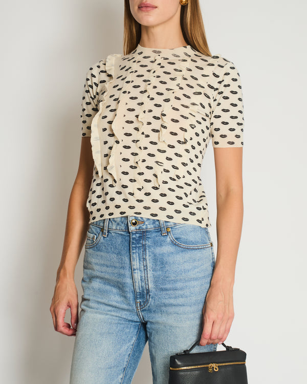 Prada Cream and Black Lip Print Short Sleeve Knitted Top with Ruffle Detail and Buttons at the Back Size IT 40 (UK 8)