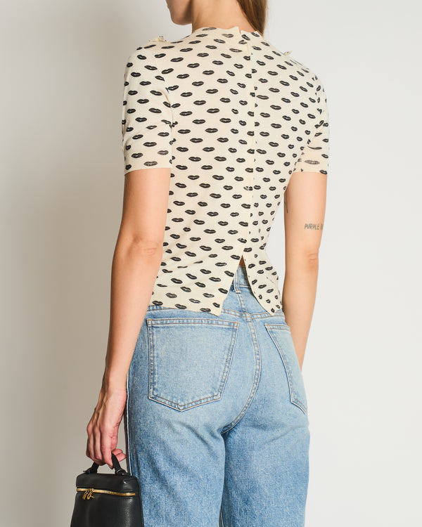 Prada Cream and Black Lip Print Short Sleeve Knitted Top with Ruffle Detail and Buttons at the Back Size IT 40 (UK 8)