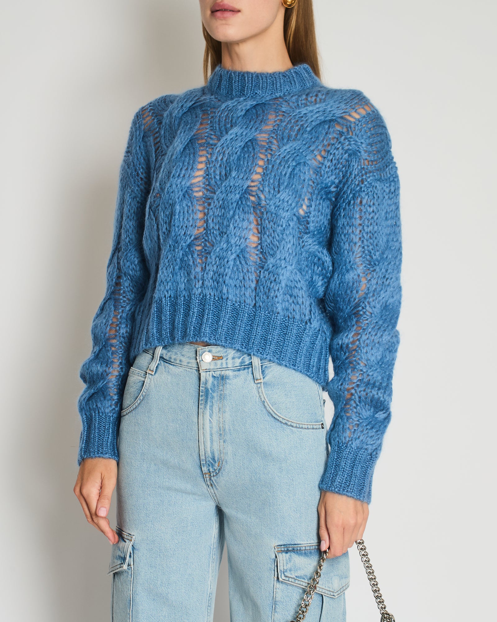 Prada Blue Oversized Cropped Cable Knit Openwork Mohair Jumper