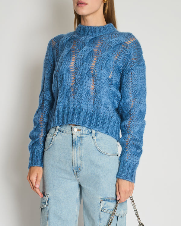 Prada Blue Oversized Cropped Cable Knit Openwork Mohair Jumper Size IT 38 (UK 6)