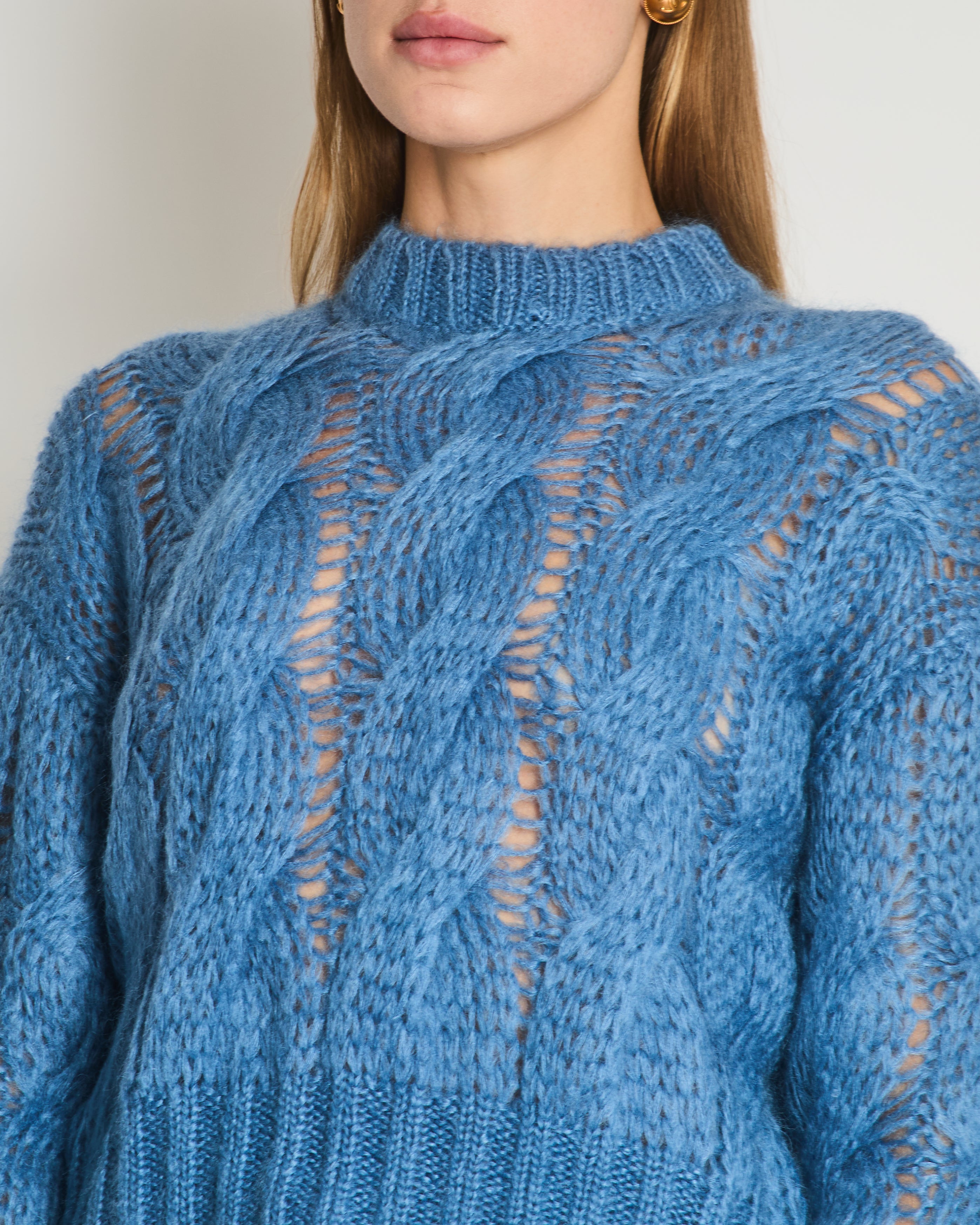 Prada Blue Oversized Cropped Cable Knit Openwork Mohair Jumper