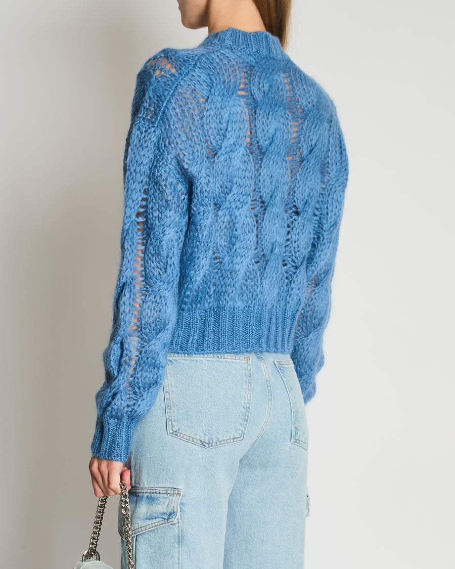 Prada Blue Oversized Cropped Cable Knit Openwork Mohair Jumper Size IT 38 (UK 6)