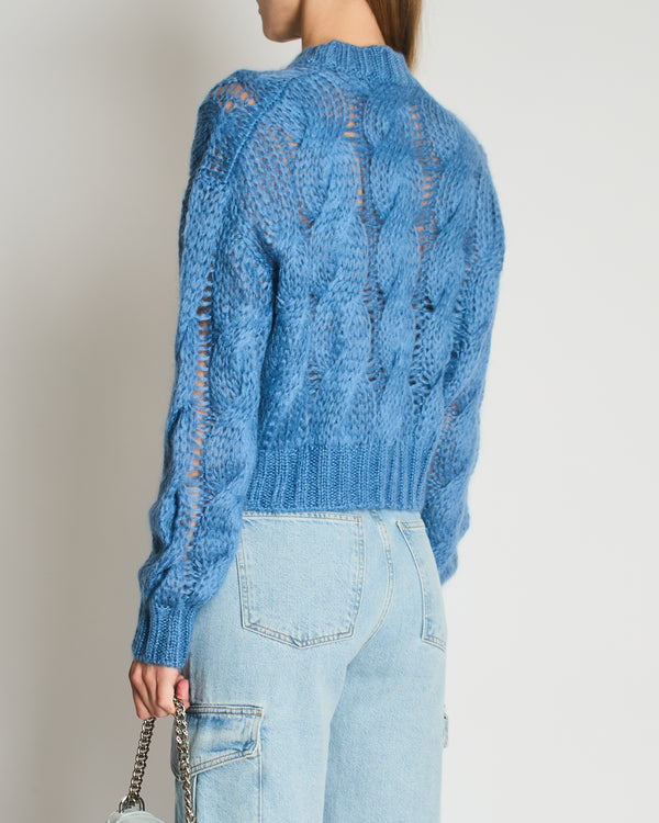 Prada Blue Oversized Cropped Cable Knit Openwork Mohair Jumper Size IT 38 (UK 6)