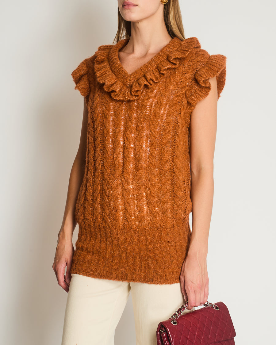 Miu Miu Burnt Orange Oversized Cable Knit Long Line Sleeveless Jumper with V-Neck and Ruffle Detial Size IT 36 (UK 4)