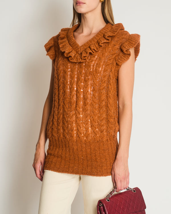 Miu Miu Burnt Orange Oversized Cable Knit Long Line Sleeveless Jumper with V-Neck and Ruffle Detial Size IT 36 (UK 4)