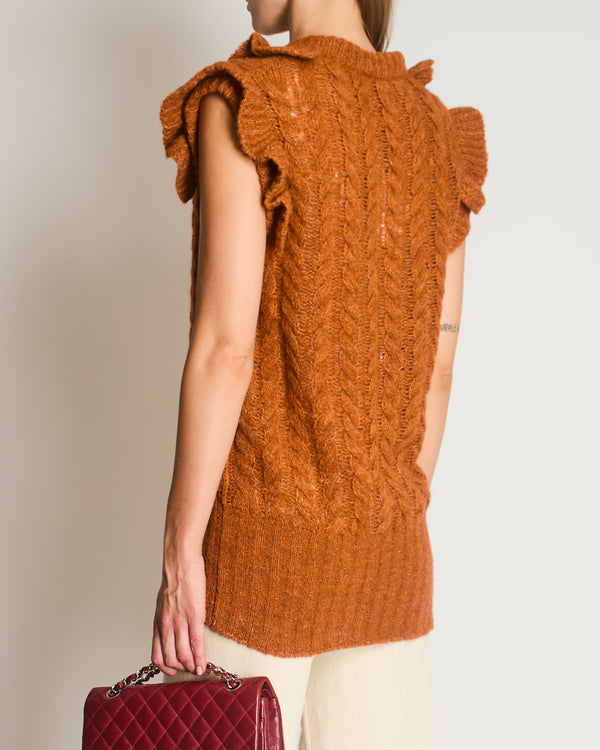 Miu Miu Burnt Orange Oversized Cable Knit Long Line Sleeveless Jumper with V-Neck and Ruffle Detial Size IT 36 (UK 4)