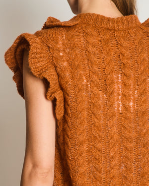 Miu Miu Burnt Orange Oversized Cable Knit Long Line Sleeveless Jumper with V-Neck and Ruffle Detial Size IT 36 (UK 4)