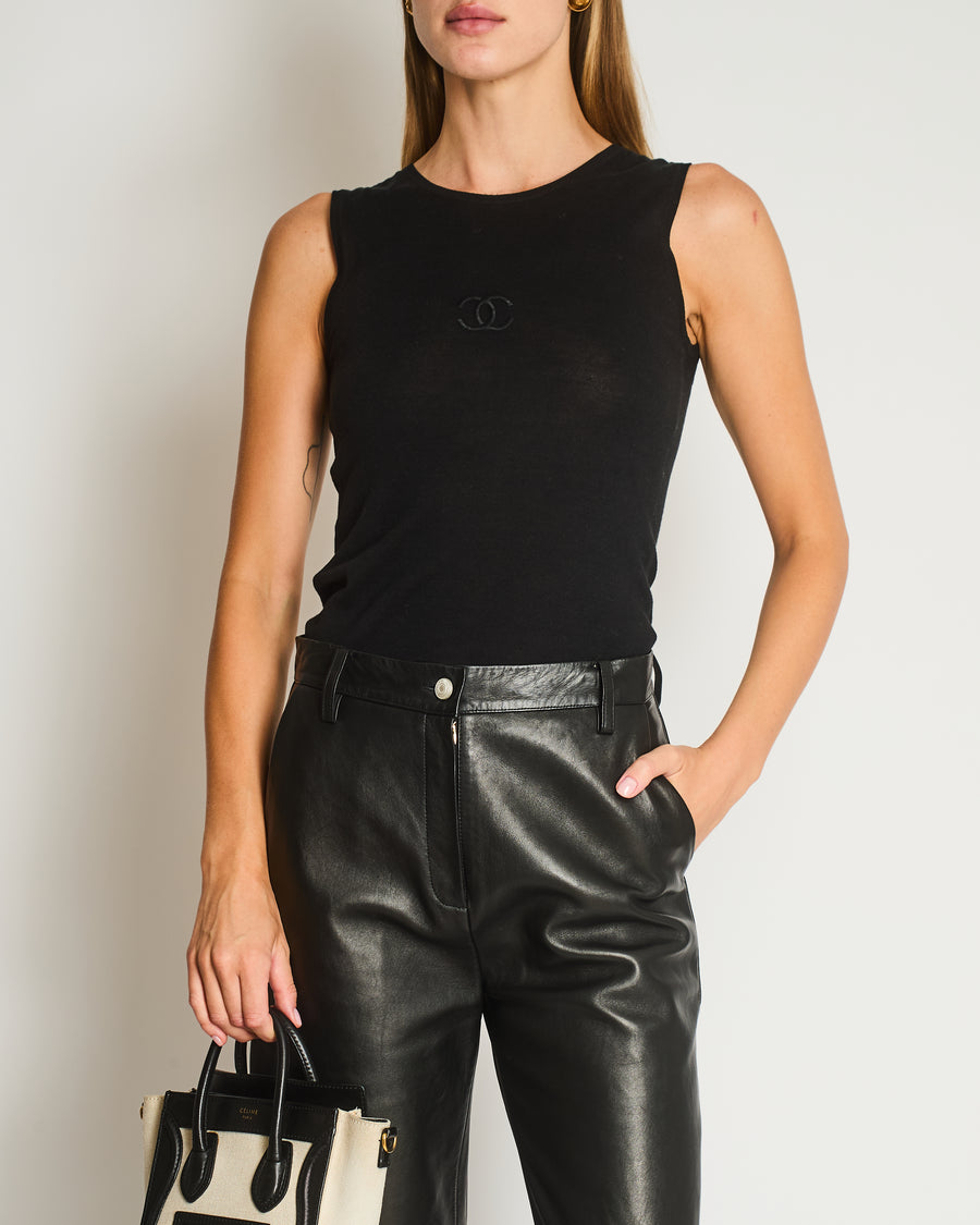 Chanel 95P Vintage Black Sleeveless Cotton Top with Stitched Logo and Gold Logo Buttons on the Shoulder Size FR 36 (UK 8)