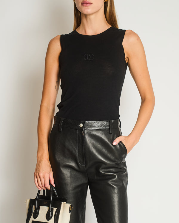 Chanel 95P Vintage Black Sleeveless Cotton Top with Stitched Logo and Gold Logo Buttons on the Shoulder Size FR 36 (UK 8)