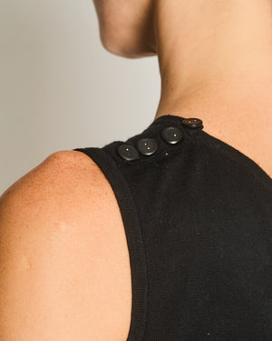 Chanel 95P Vintage Black Sleeveless Cotton Top with Stitched Logo and Gold Logo Buttons on the Shoulder Size FR 36 (UK 8)