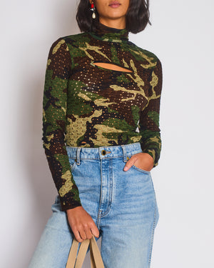 Christian Dior John Galliano Green, Khaki, Black and Brown Camouflage Open Knit Mock Neck Top with Cut Out Detail Size FR 40 (UK 12)