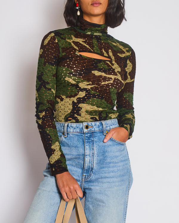 Christian Dior John Galliano Green, Khaki, Black and Brown Camouflage Open Knit Mock Neck Top with Cut Out Detail Size FR 40 (UK 12)