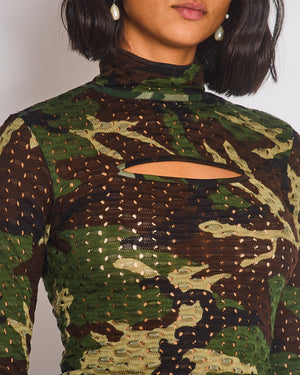 Christian Dior John Galliano Green, Khaki, Black and Brown Camouflage Open Knit Mock Neck Top with Cut Out Detail Size FR 40 (UK 12)