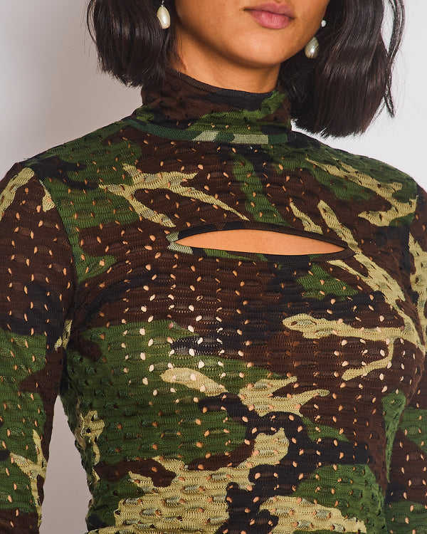 Christian Dior John Galliano Green, Khaki, Black and Brown Camouflage Open Knit Mock Neck Top with Cut Out Detail Size FR 40 (UK 12)