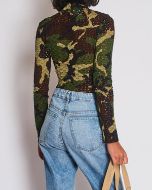 Christian Dior John Galliano Green, Khaki, Black and Brown Camouflage Open Knit Mock Neck Top with Cut Out Detail Size FR 40 (UK 12)