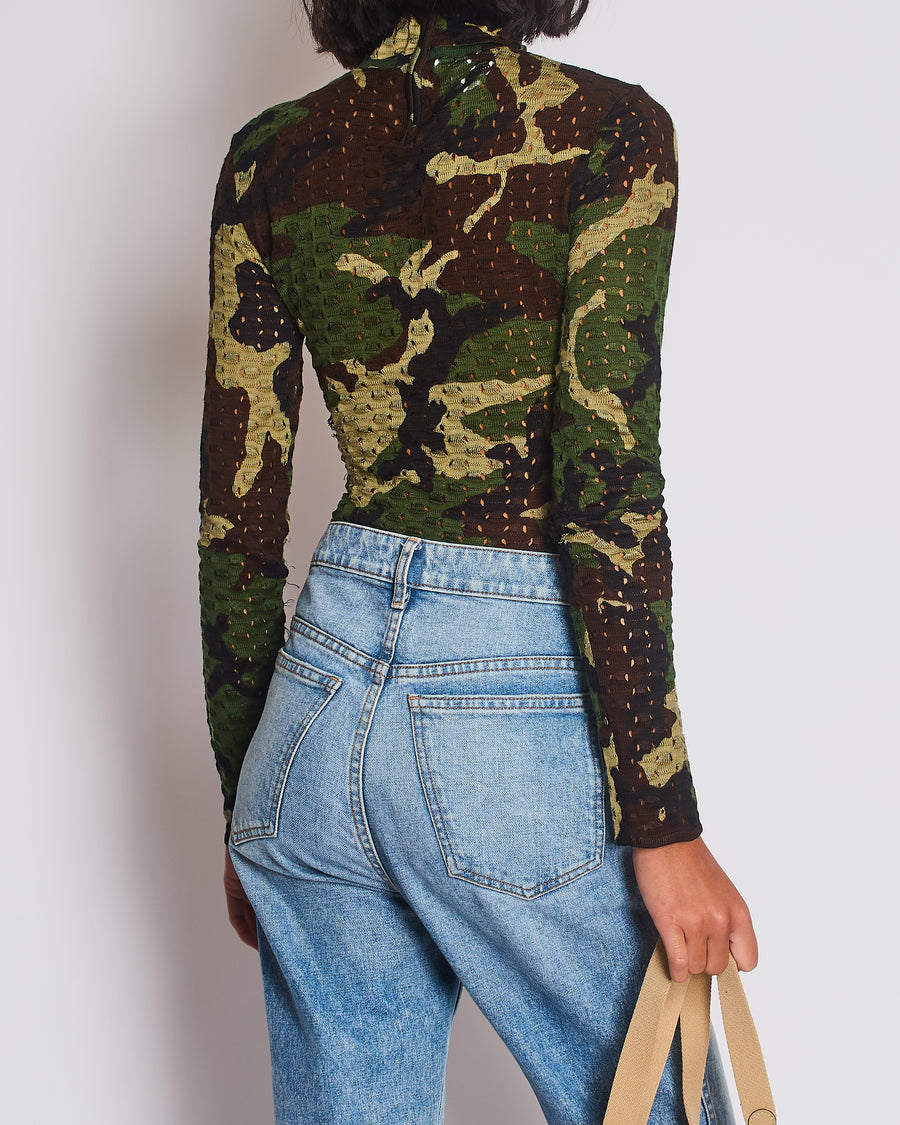 Christian Dior John Galliano Green, Khaki, Black and Brown Camouflage Open Knit Mock Neck Top with Cut Out Detail Size FR 40 (UK 12)