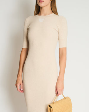 Miu Miu Beige Cotton Short Sleeve Maxi Dress With Anagram Logo Embroidery Size IT 36 (UK 4)