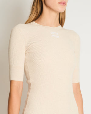 Miu Miu Beige Cotton Short Sleeve Maxi Dress With Anagram Logo Embroidery Size IT 36 (UK 4)