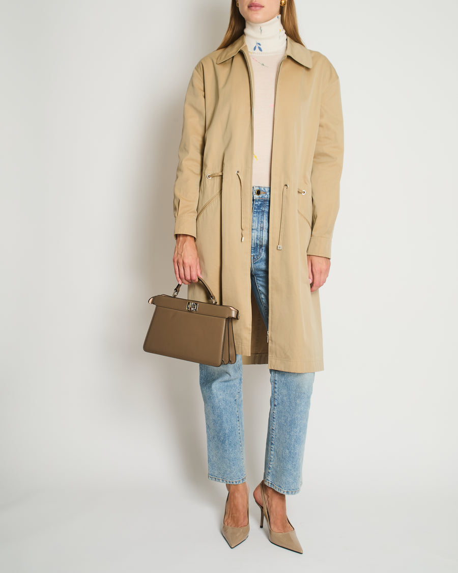 Chanel Vintage 99P Beige Cotton Long Line Belted Trench Coat with Collar and Silver Logo Zip Size FR 40 (UK 12)