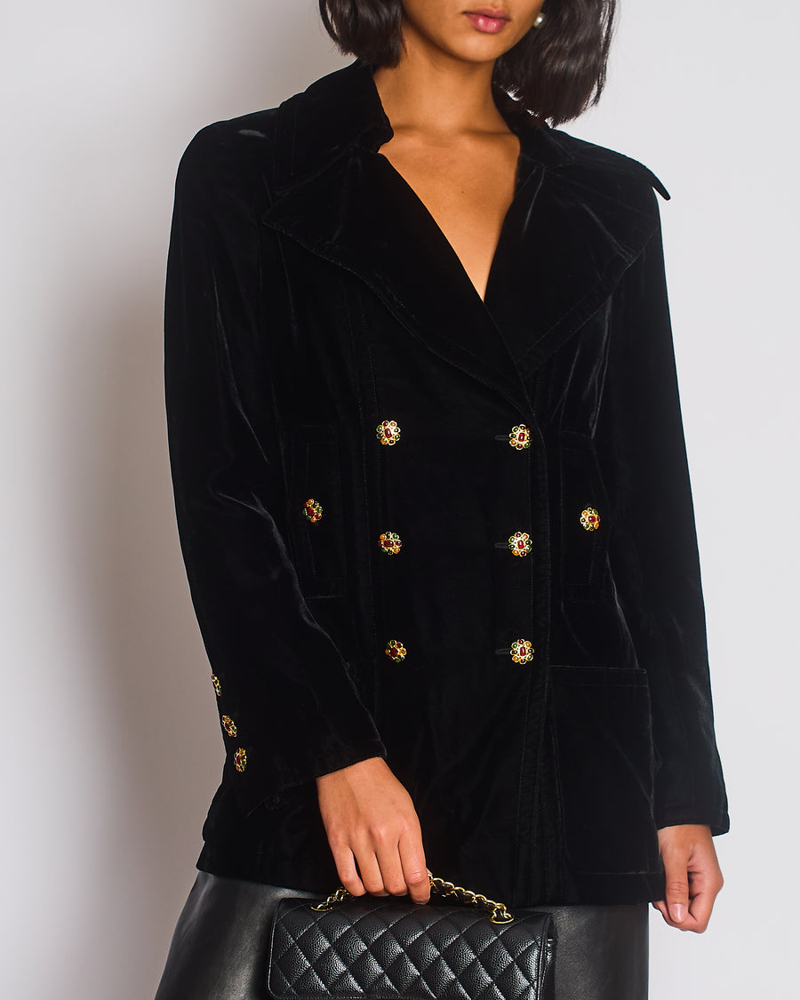 Chanel 96/A Black Double Breasted Velvet Jacket with Gold Gripoix Button Details Size FR 40 (UK 12)