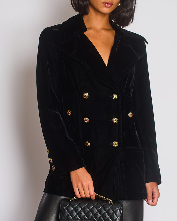 Chanel 96/A Black Double Breasted Velvet Jacket with Gold Gripoix Button Details Size FR 40 (UK 12)