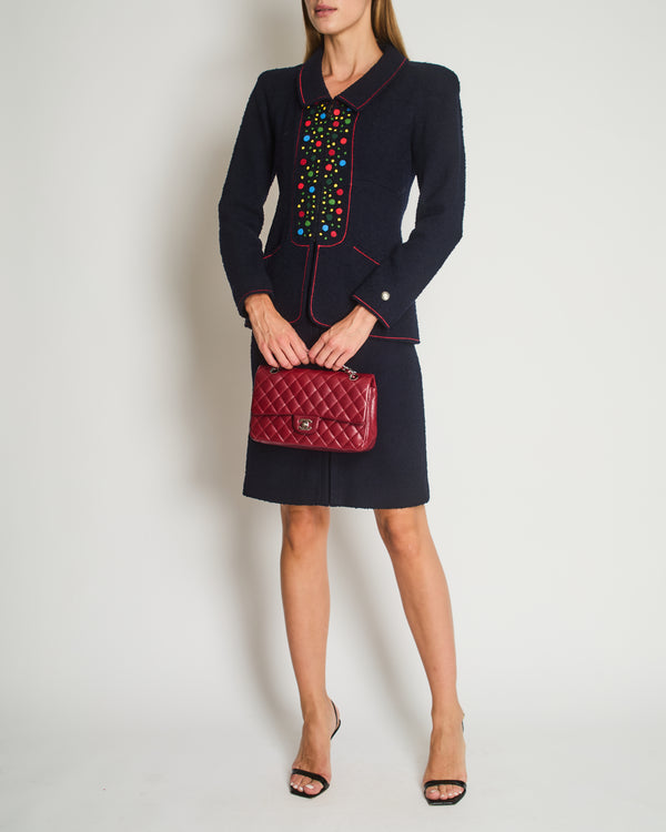 Chanel 97A Navy Wool Long Sleeve Jacket and Pencil Skirt Set with Red, Blue, Green and Yellow Neckline Applique Detail Size FR 38 (UK 10)
