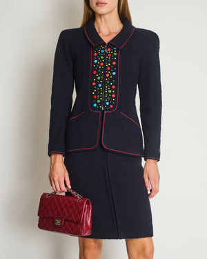 Chanel 97A Navy Wool Long Sleeve Jacket and Pencil Skirt Set with Red, Blue, Green and Yellow Neckline Applique Detail Size FR 38 (UK 10)
