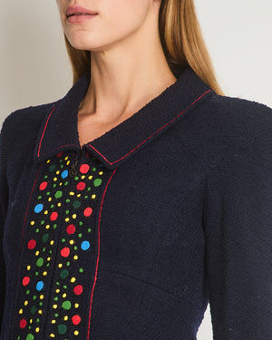 Chanel 97A Navy Wool Long Sleeve Jacket and Pencil Skirt Set with Red, Blue, Green and Yellow Neckline Applique Detail Size FR 38 (UK 10)