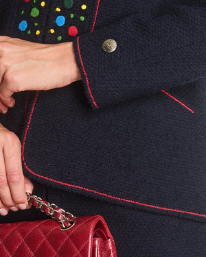Chanel 97A Navy Wool Long Sleeve Jacket and Pencil Skirt Set with Red, Blue, Green and Yellow Neckline Applique Detail Size FR 38 (UK 10)