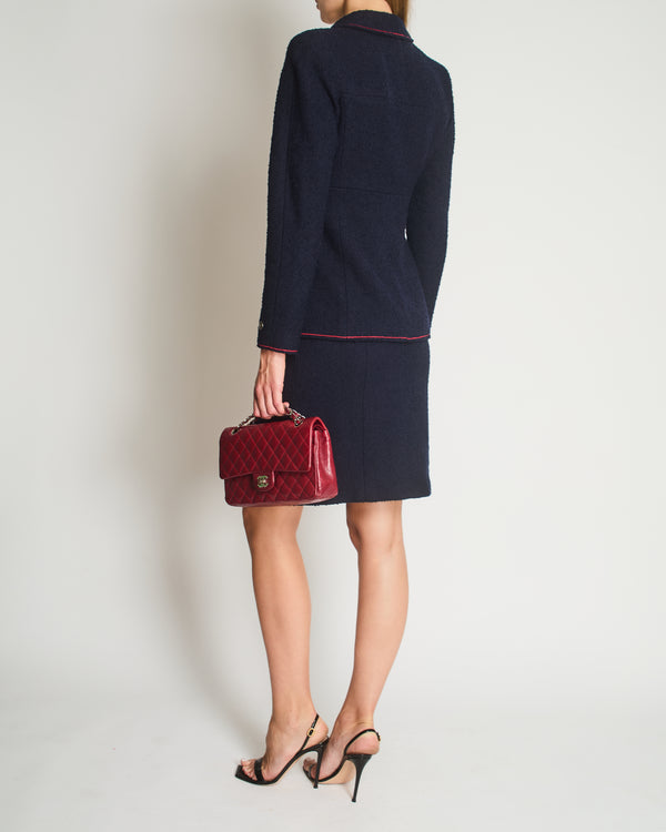 Chanel 97A Navy Wool Long Sleeve Jacket and Pencil Skirt Set with Red, Blue, Green and Yellow Neckline Applique Detail Size FR 38 (UK 10)