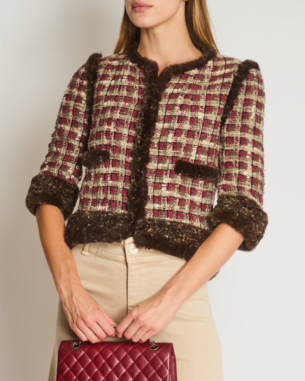 Chanel Red, Beige and Grey Tweed Jacket with Rabbit Fur Trim Detail Size FR 36 (UK 8)