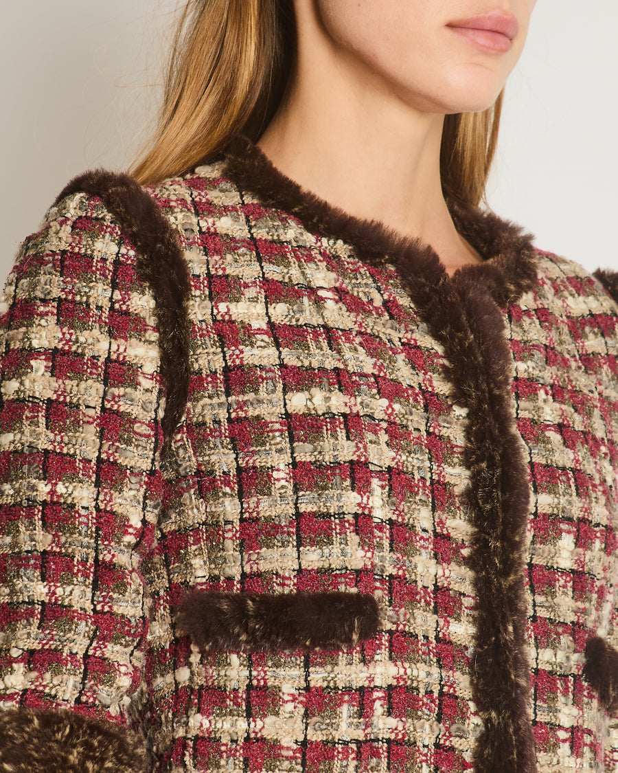 Chanel Red, Beige and Grey Tweed Jacket with Rabbit Fur Trim Detail Size FR 36 (UK 8)